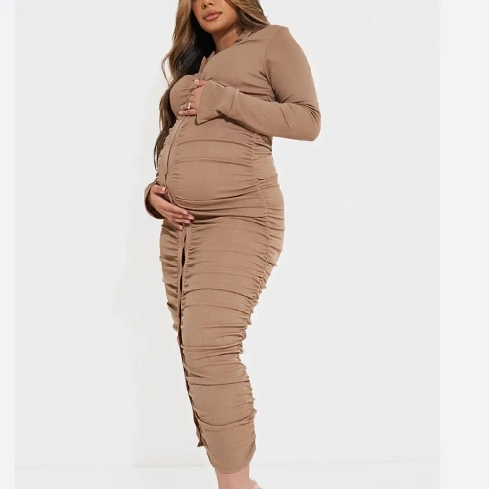 Pretty Little Things Maternity Stone Ruched Midaxi Dress Khaki Color 4 NWT in Pk